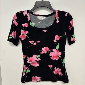 St. John Black Top with Pink and Green Floral Design